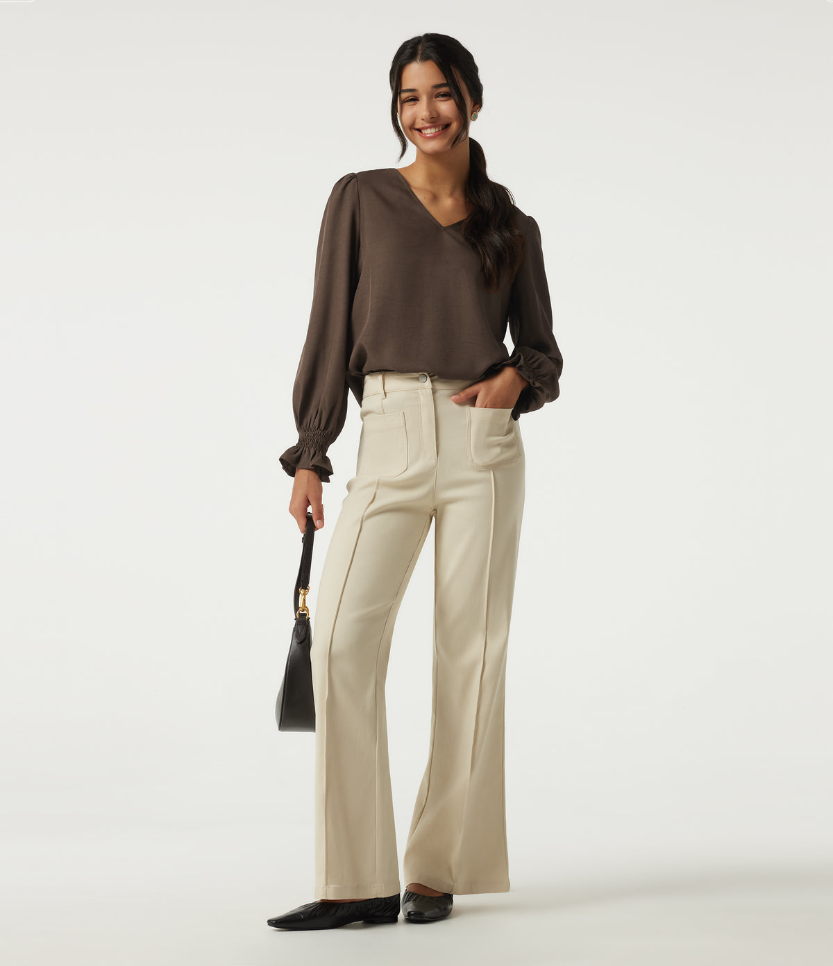 V-Neck Bishop Long Sleeve Work Blouse — Carafe — view 6