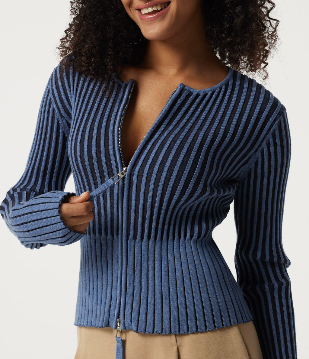 Ribbed Knit Round Neck Long Sleeve Slim Work Cardigan — Moonlight Blue — view 6