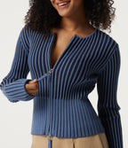 Ribbed Knit Round Neck Long Sleeve Slim Work Cardigan — Moonlight Blue — view 6
