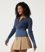 Ribbed Knit Round Neck Long Sleeve Slim Work Cardigan — Moonlight Blue — view 3