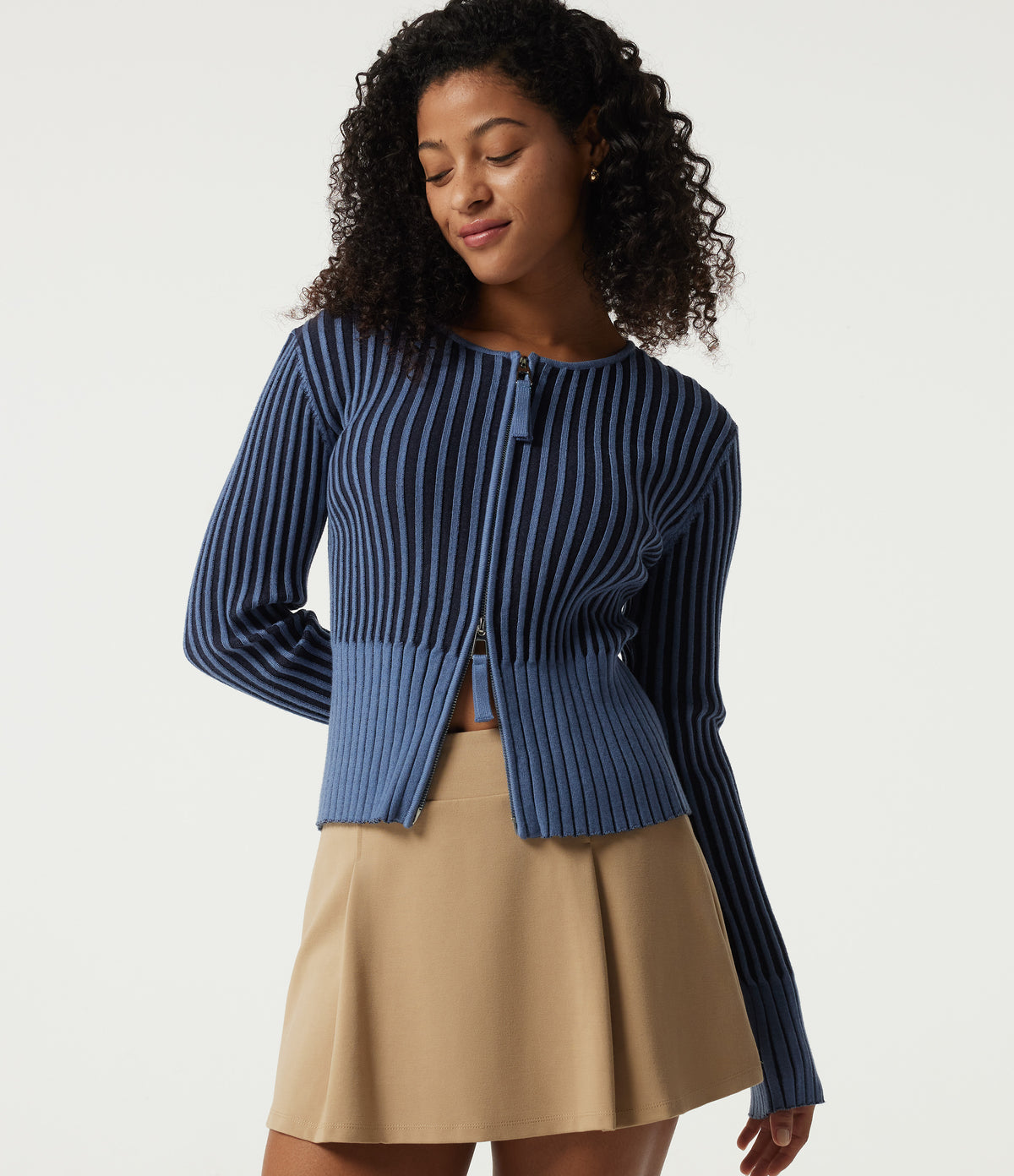 Ribbed Knit Round Neck Long Sleeve Slim Work Cardigan — Moonlight Blue — view 5