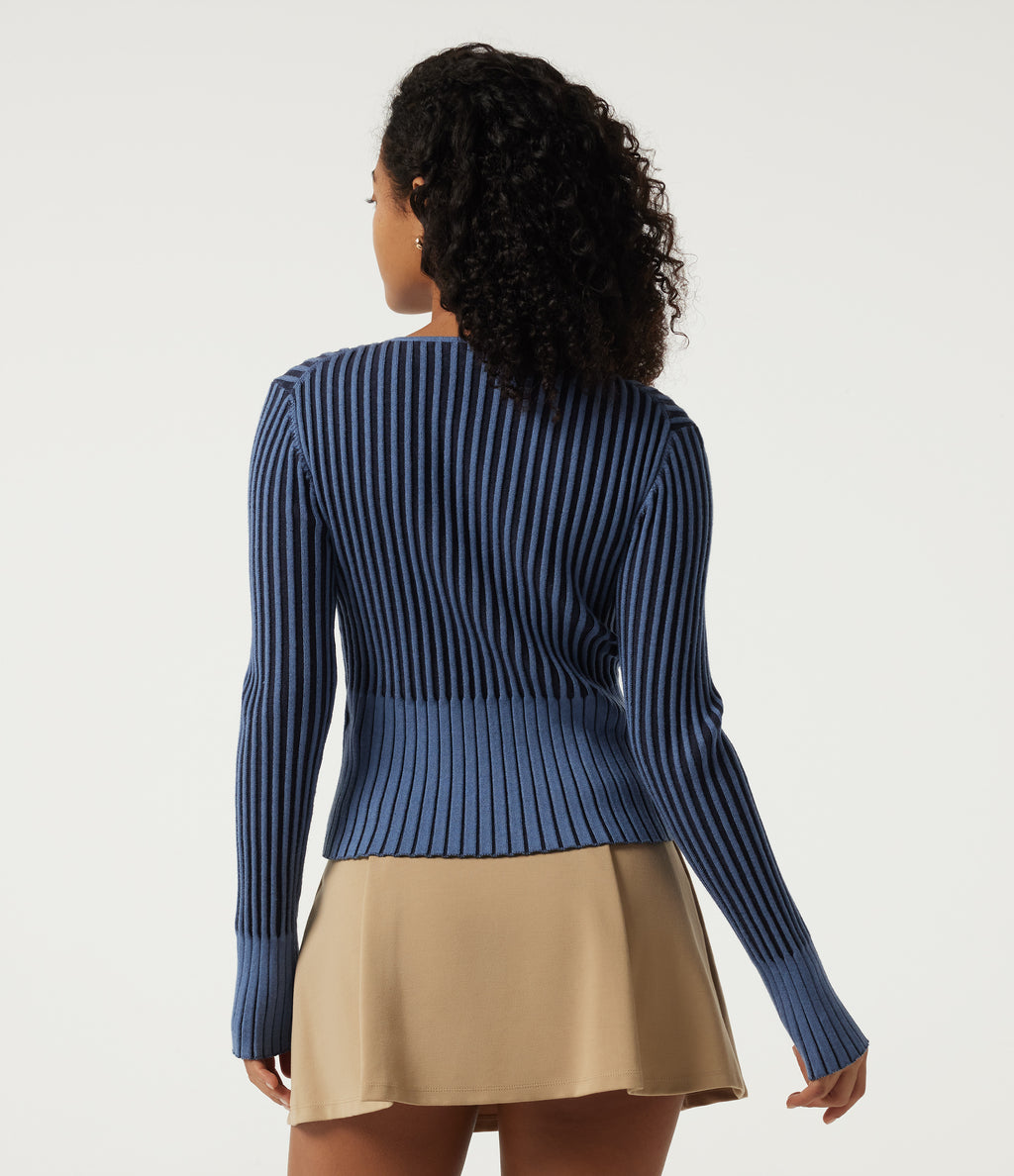 Ribbed Knit Round Neck Long Sleeve Slim Work Cardigan — Moonlight Blue — view 2