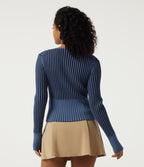 Ribbed Knit Round Neck Long Sleeve Slim Work Cardigan — Moonlight Blue — view 2