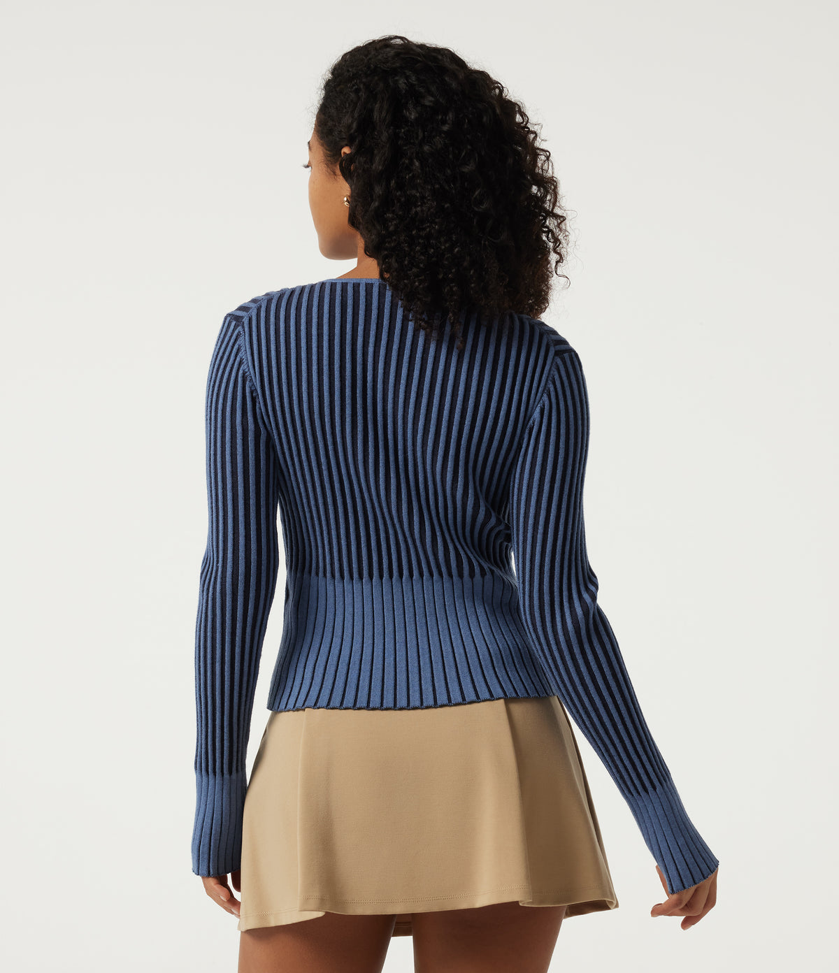 Ribbed Knit Round Neck Long Sleeve Slim Work Cardigan — Moonlight Blue — view 2