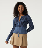 Ribbed Knit Round Neck Long Sleeve Slim Work Cardigan — Moonlight Blue — view 1