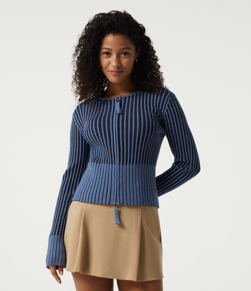 Ribbed Knit Round Neck Long Sleeve Slim Work Cardigan — Moonlight Blue — view 4