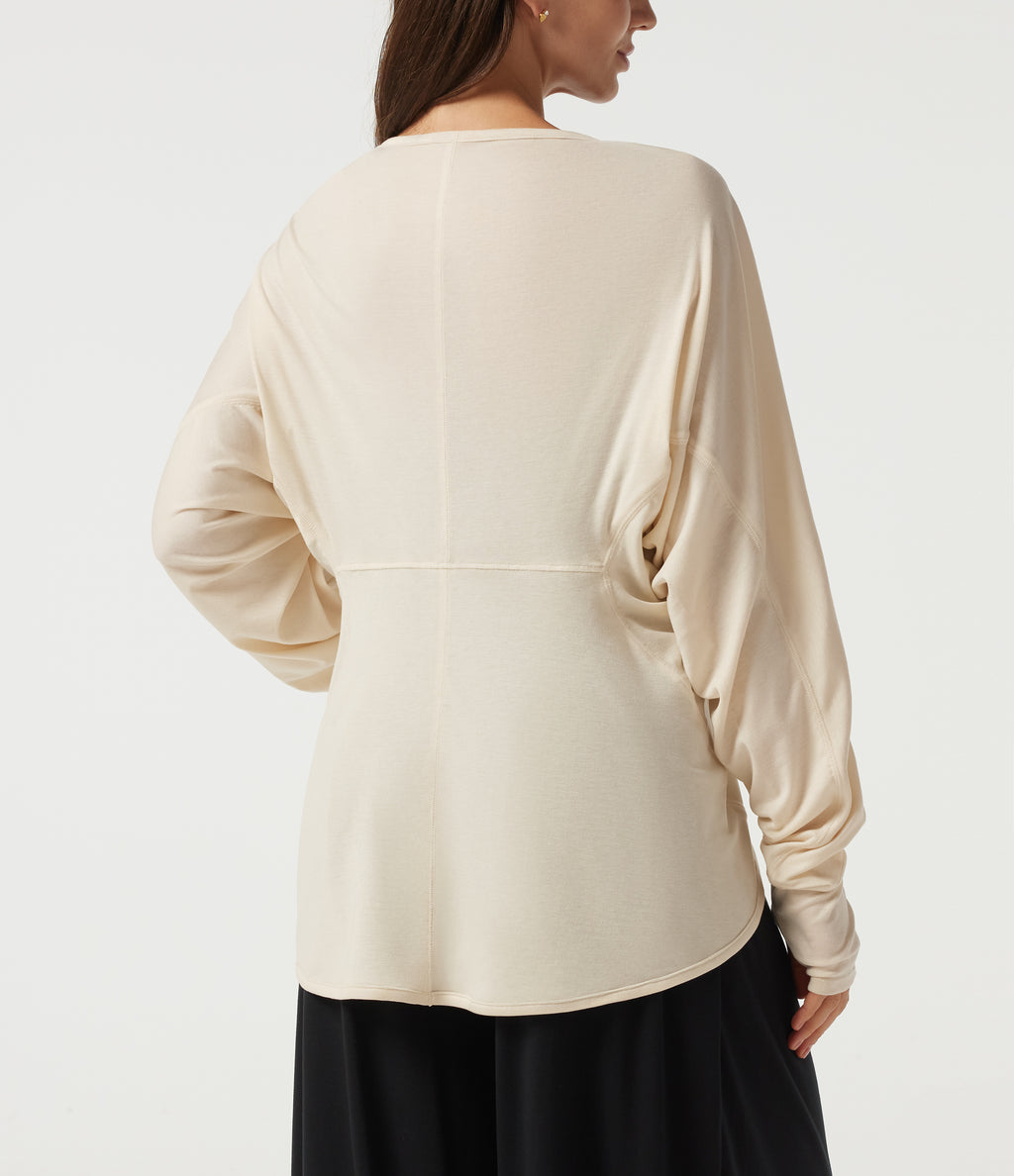 Batwing Long Sleeve Casual Cardigan with Thumbholes — Oatmilk Beige — view 6