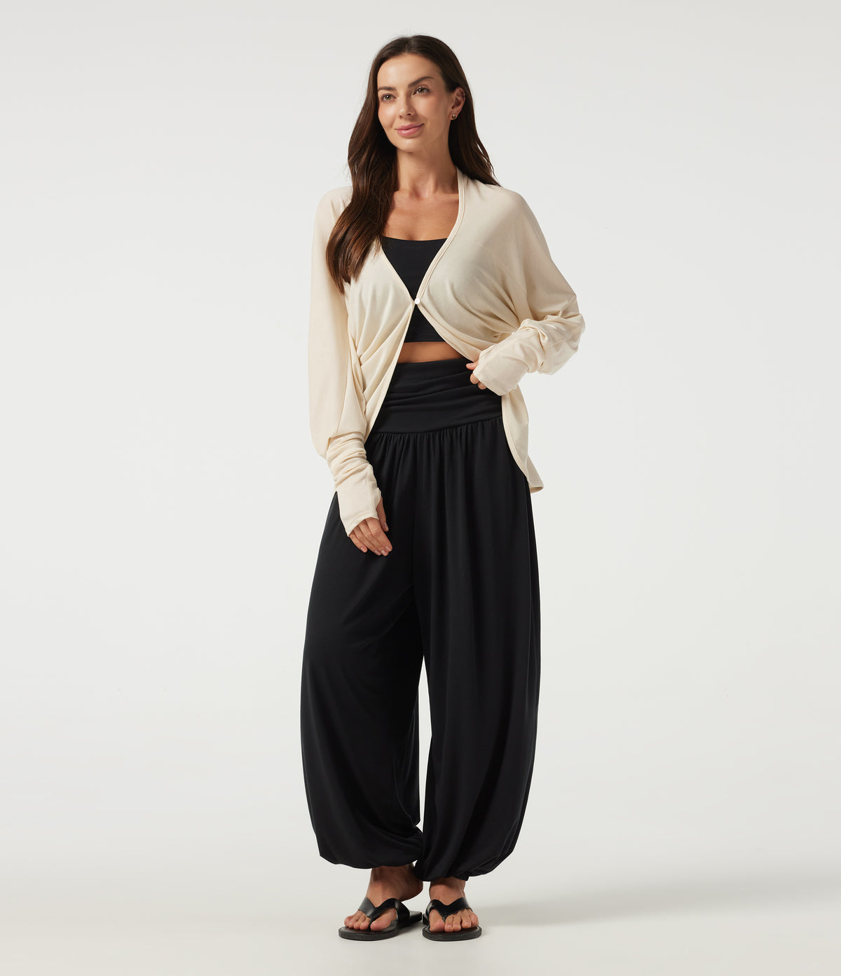 Batwing Long Sleeve Casual Cardigan with Thumbholes — Oatmilk Beige — view 7