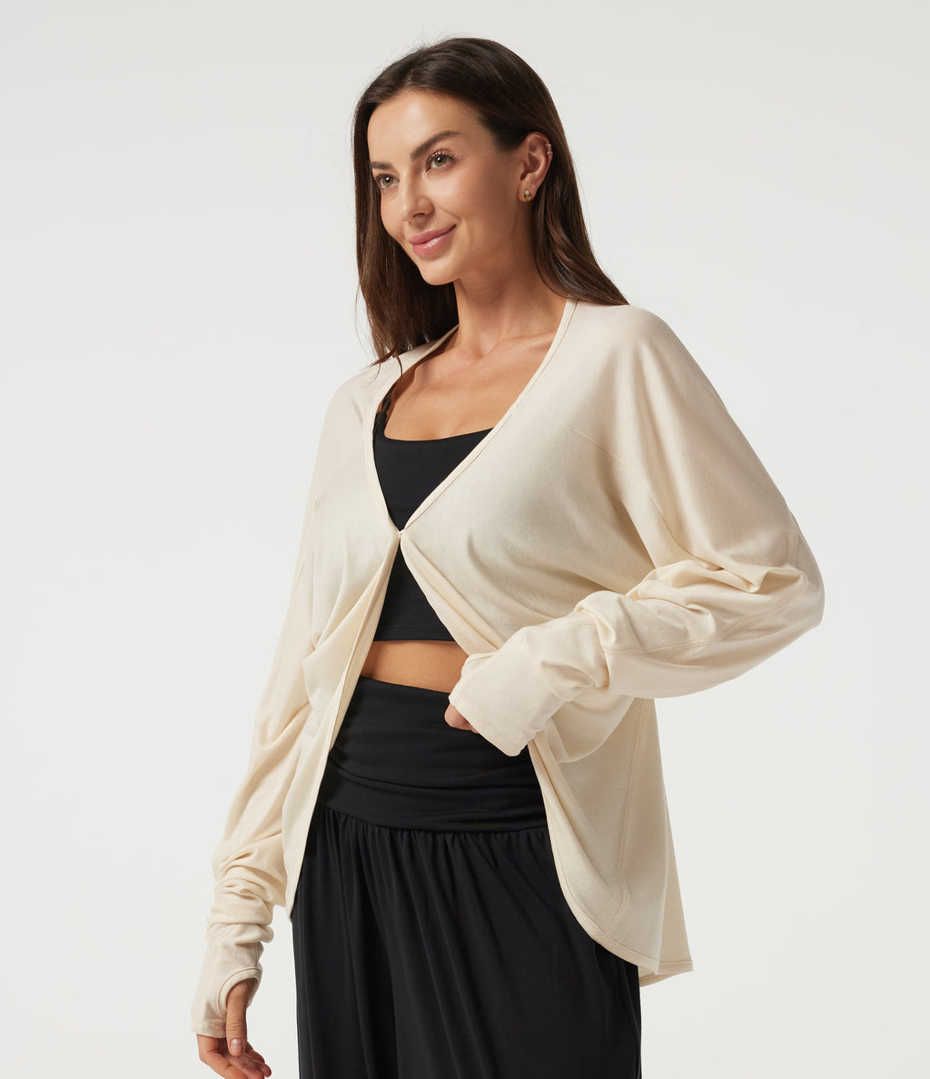 Batwing Long Sleeve Casual Cardigan with Thumbholes — Oatmilk Beige — view 2