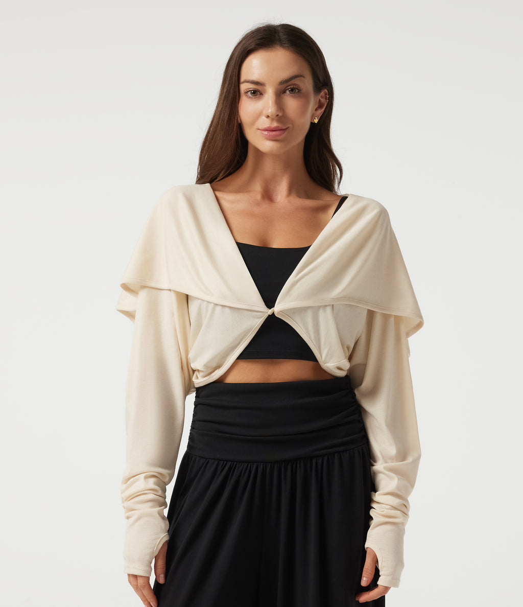 Batwing Long Sleeve Casual Cardigan with Thumbholes — Oatmilk Beige — view 3