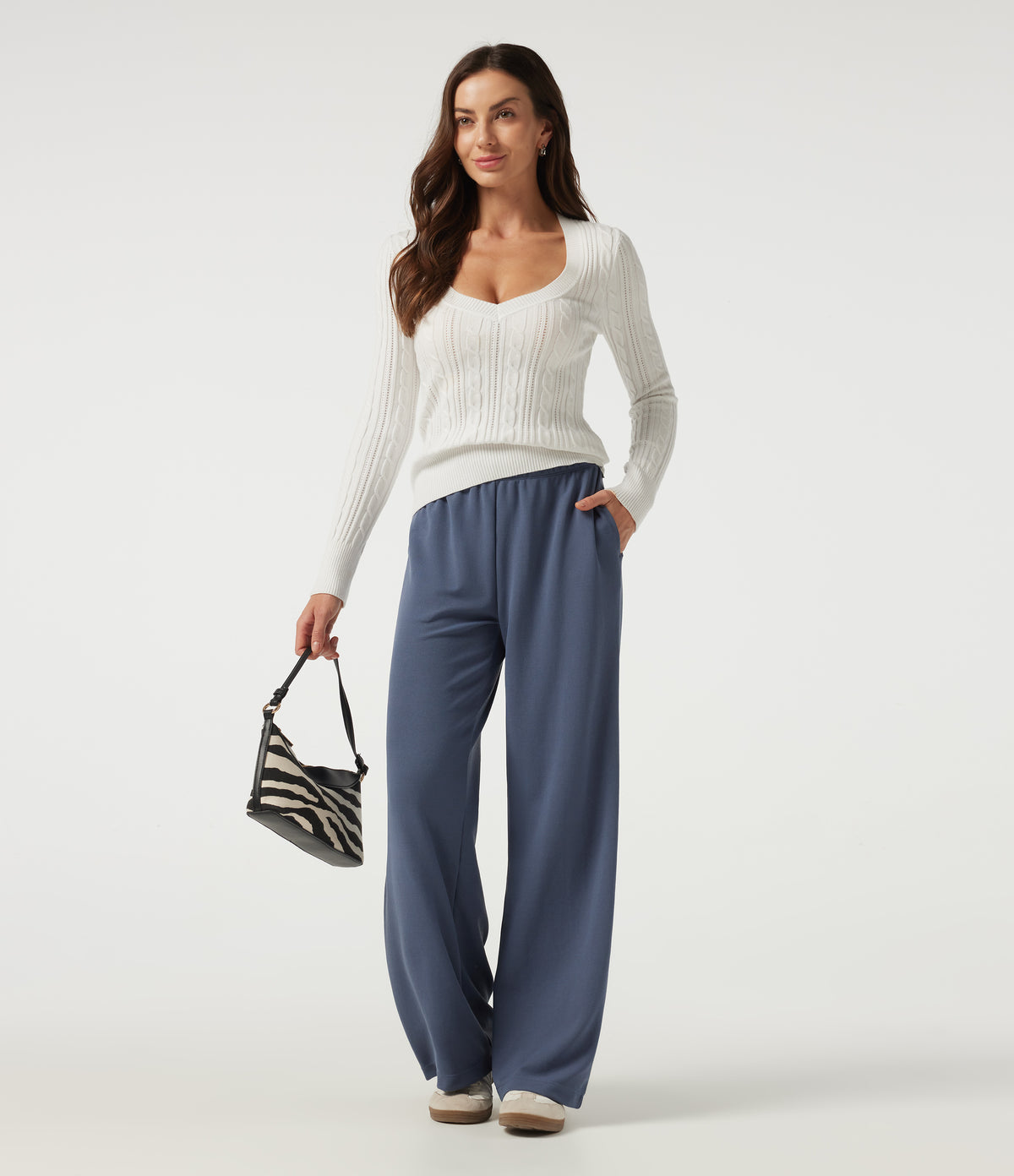 Low Rise Wide Leg Waffle Work Trousers with Pockets — Grisaille — view 7