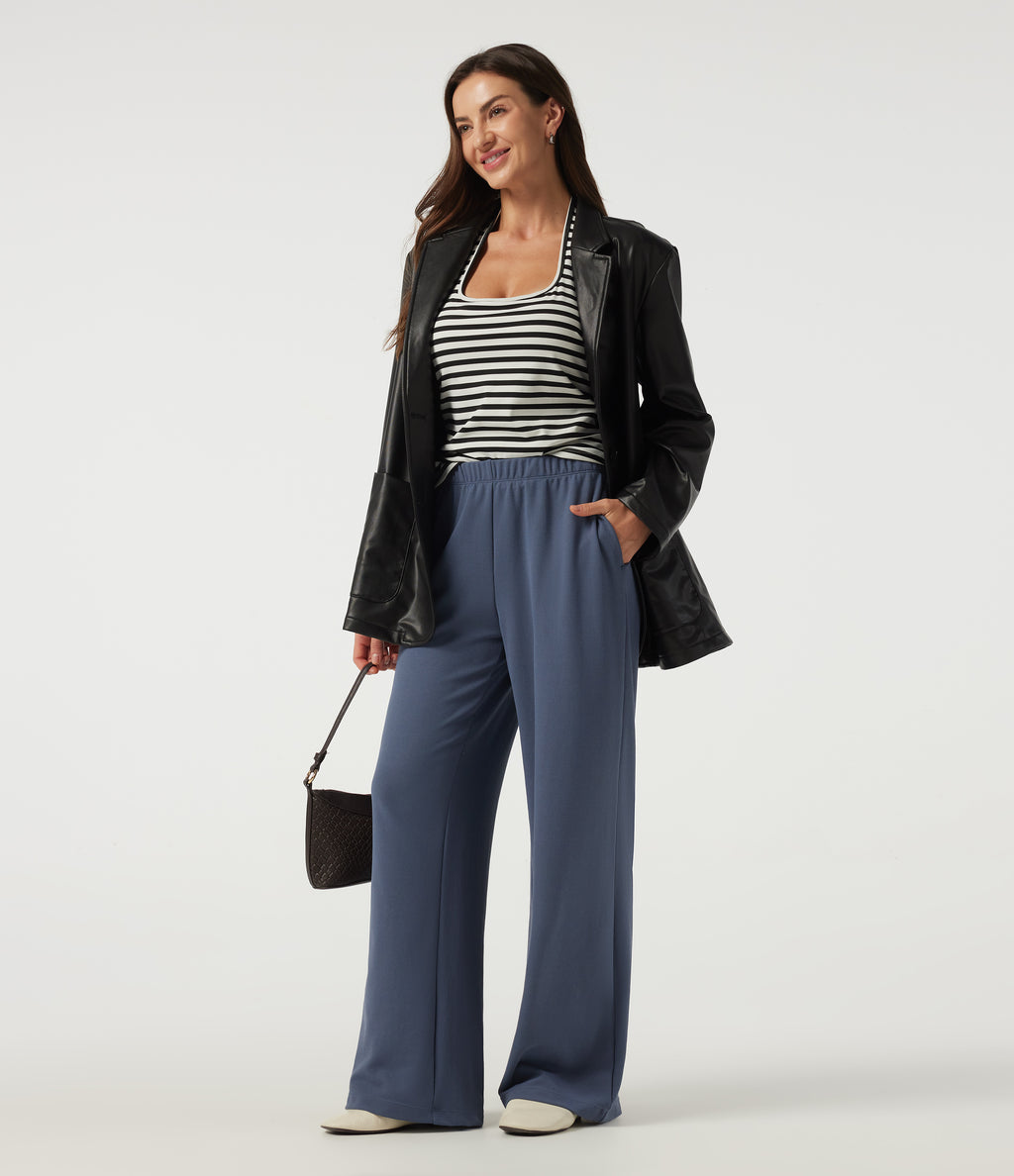 Low Rise Wide Leg Waffle Work Trousers with Pockets — Grisaille — view 6