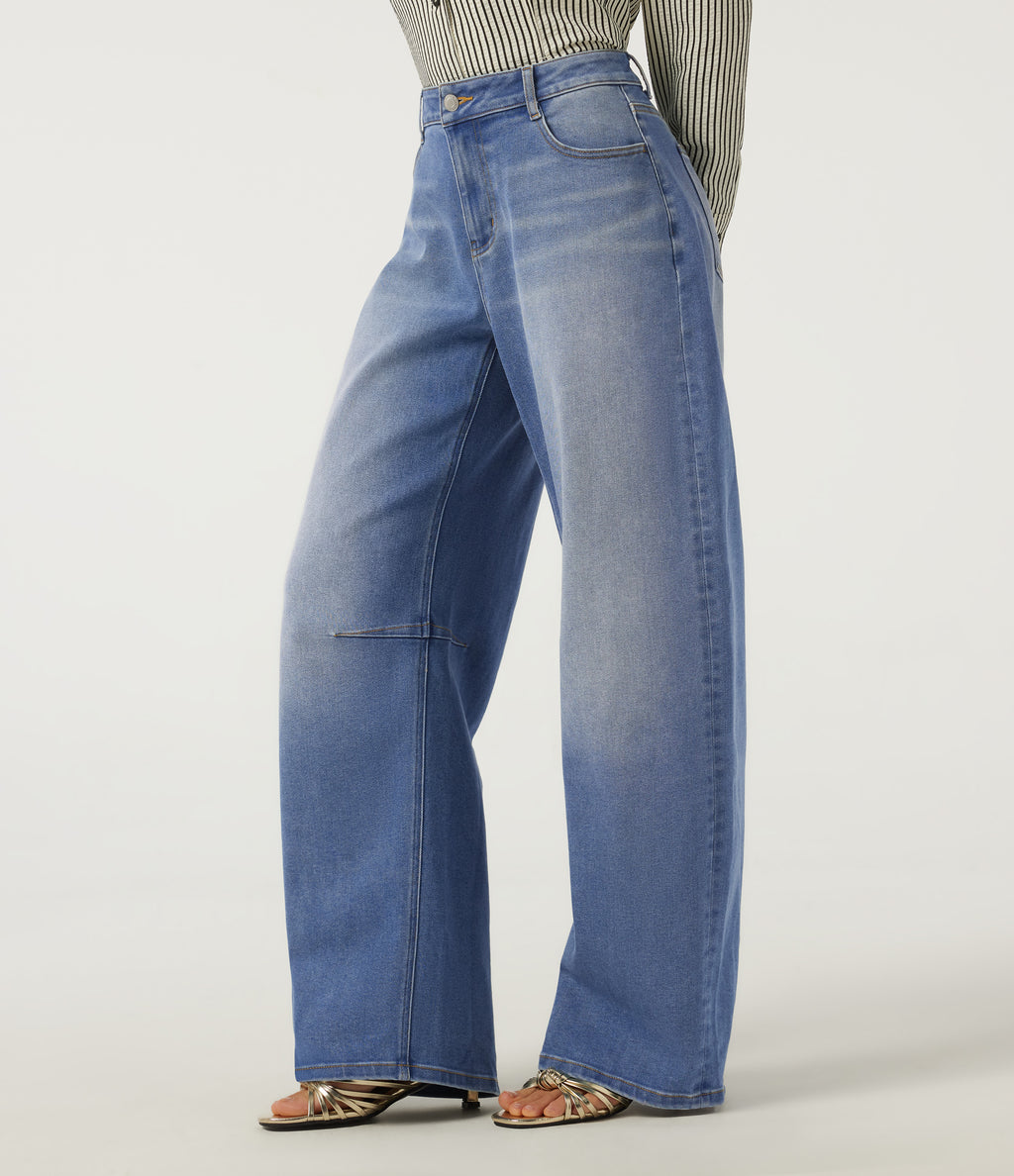 Mid Rise Barrel Leg Casual Jeans with Pockets — Blue Jasper Denim — view 3