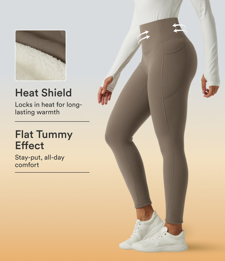 Heat High Waisted Tummy Control Fleece Yoga Leggings with Pockets — Dawn Brown — view 1