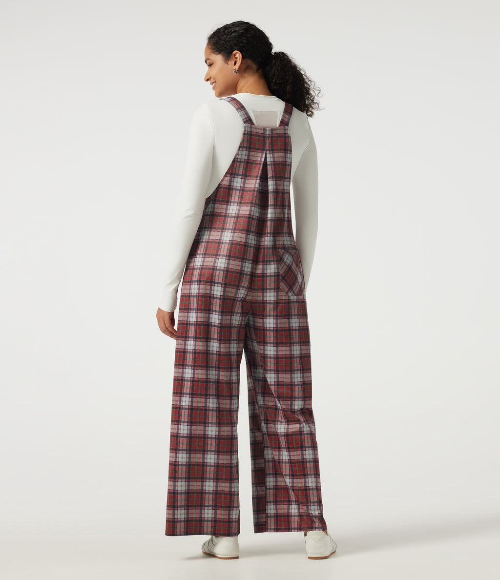 Square Neck Plaid Wide Leg Dungarees with Pockets — Brick Red Plaid — view 2