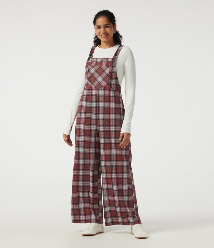 Square Neck Plaid Wide Leg Dungarees with Pockets — Brick Red Plaid — view 1