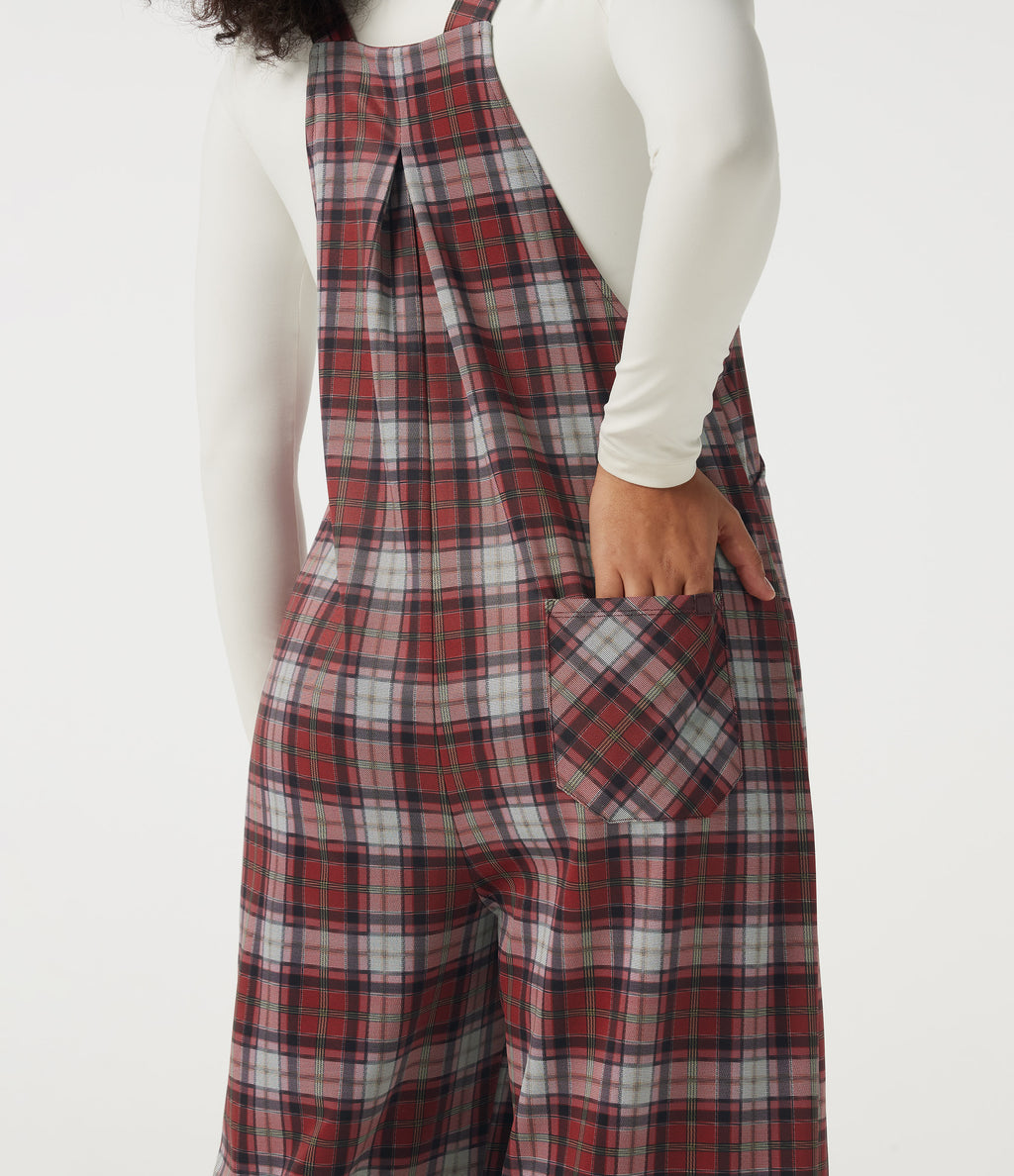Square Neck Plaid Wide Leg Dungarees with Pockets — Brick Red Plaid — view 7