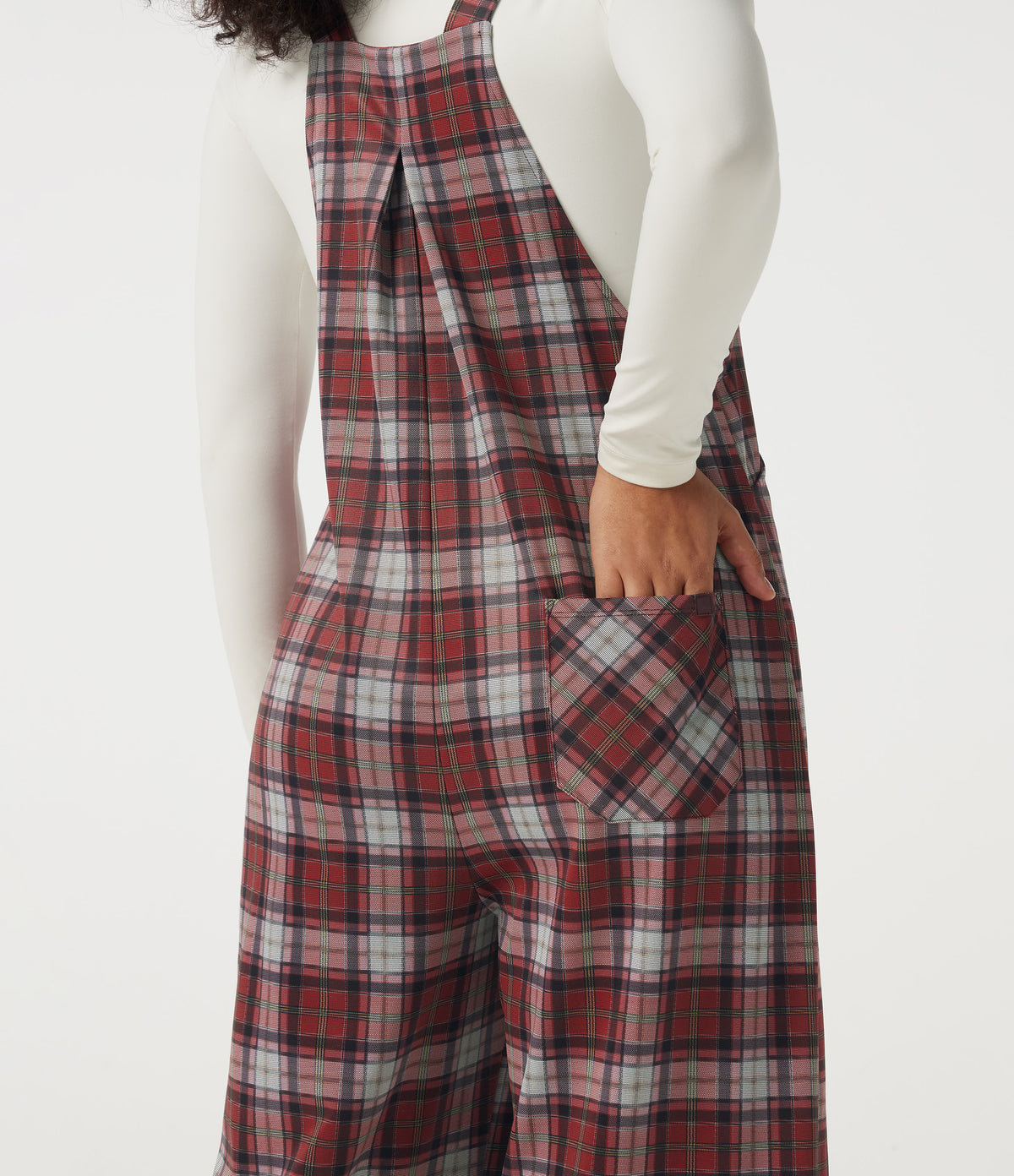 Square Neck Plaid Wide Leg Dungarees with Pockets — Brick Red Plaid — view 7