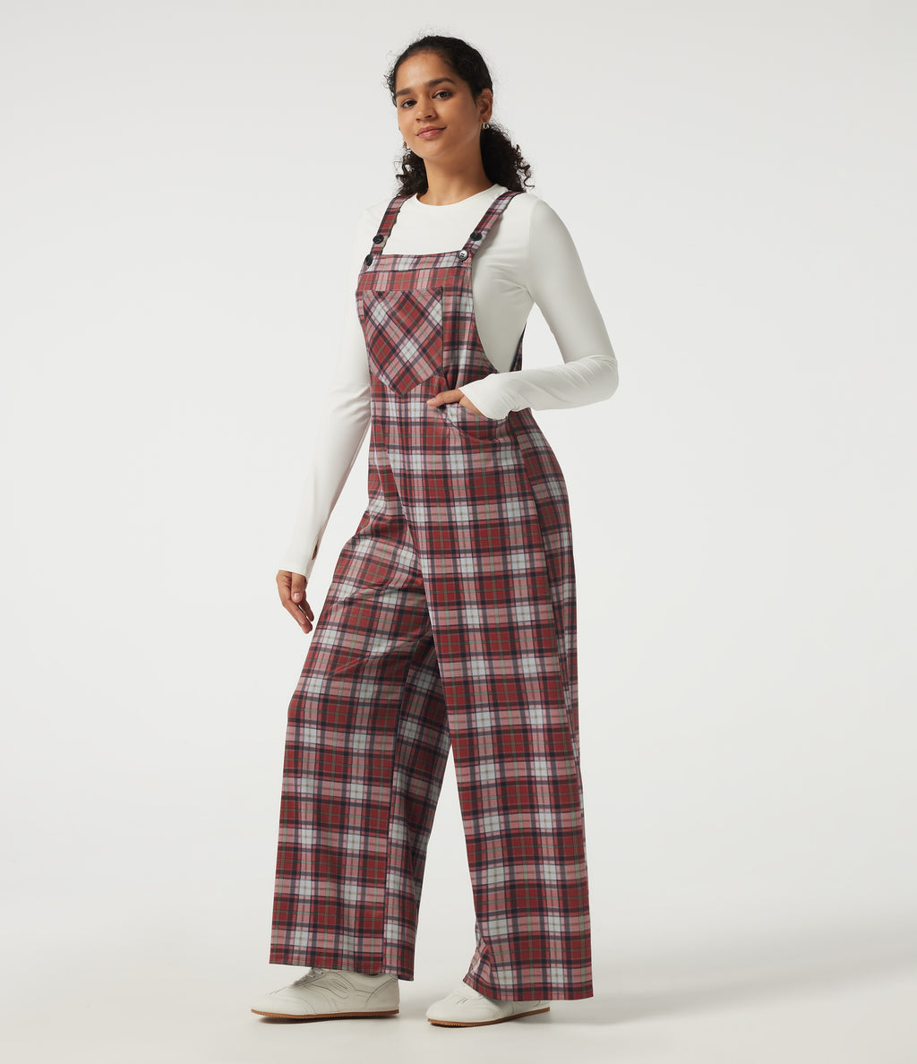 Square Neck Plaid Wide Leg Dungarees with Pockets — Brick Red Plaid — view 3