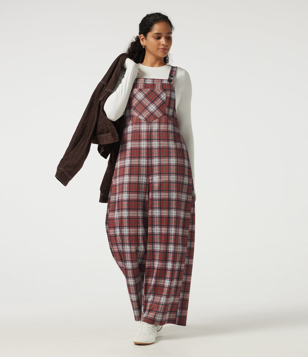 Square Neck Plaid Wide Leg Dungarees with Pockets — Brick Red Plaid — view 8