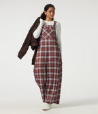 Square Neck Plaid Wide Leg Dungarees with Pockets — Brick Red Plaid — view 8