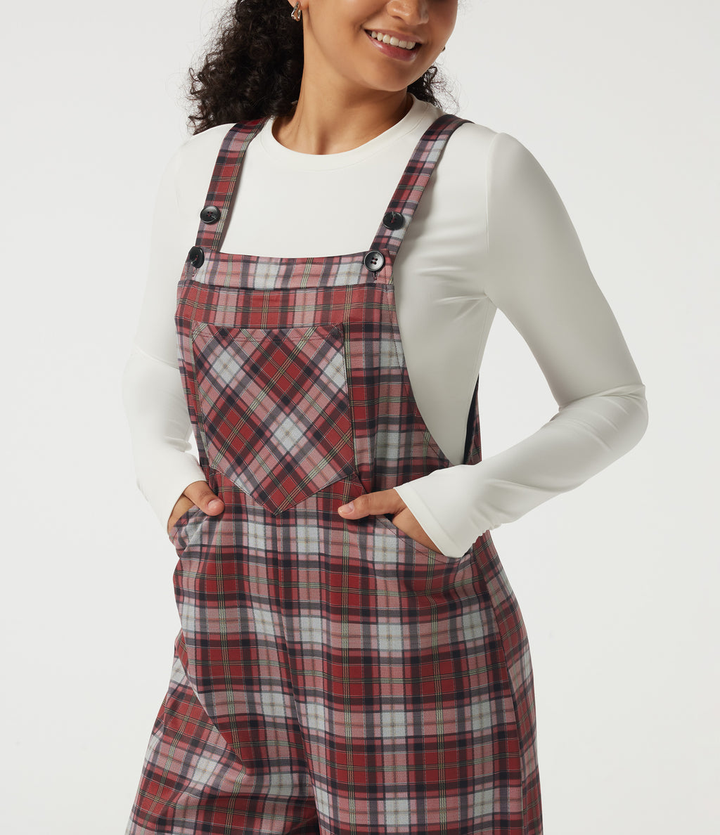 Square Neck Plaid Wide Leg Dungarees with Pockets — Brick Red Plaid — view 4