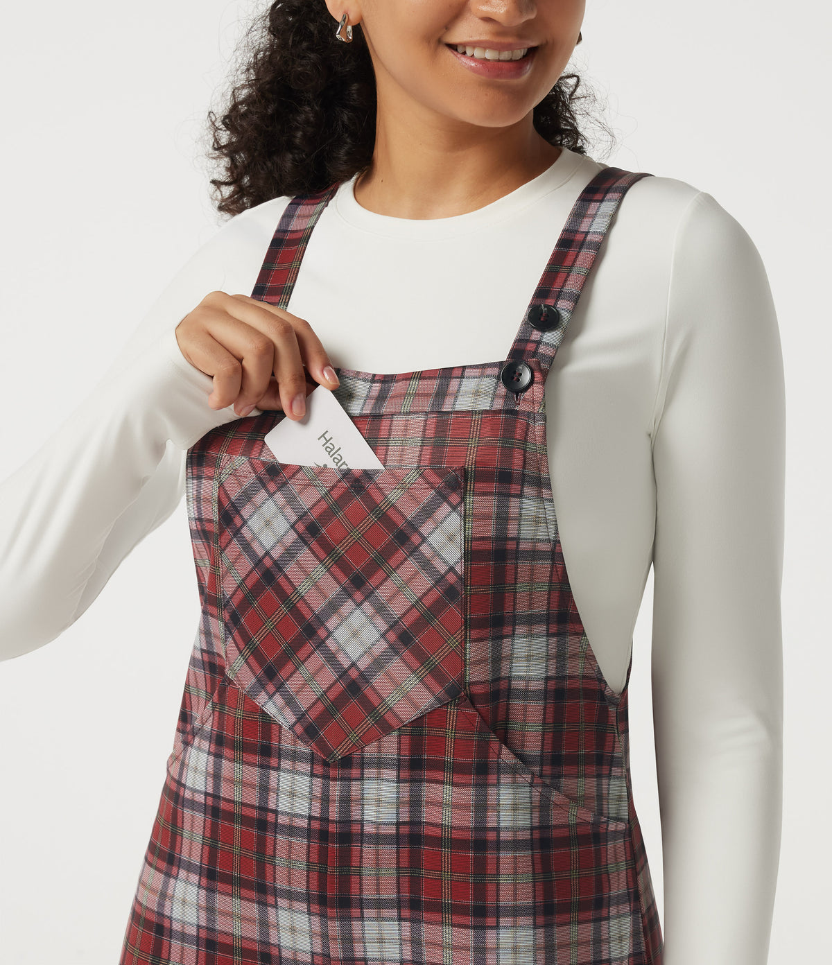 Square Neck Plaid Wide Leg Dungarees with Pockets — Brick Red Plaid — view 6