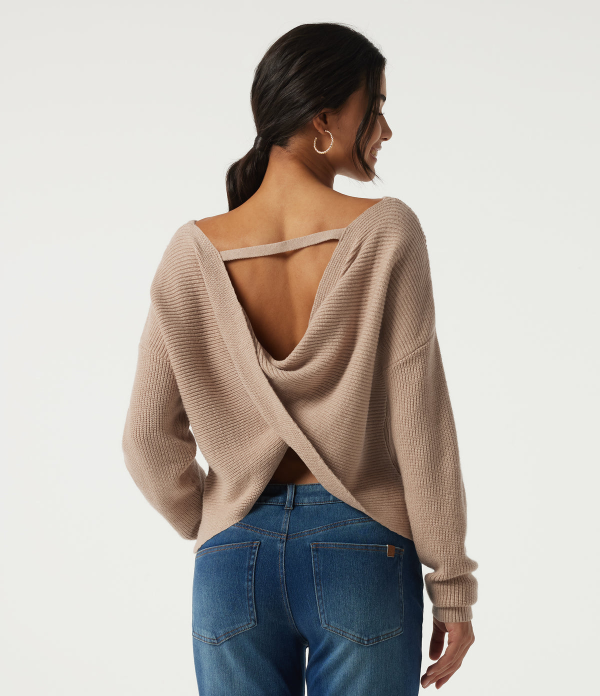 Boat Neck Long Sleeve Cut Out Back Casual Jumper — Nougat — view 1