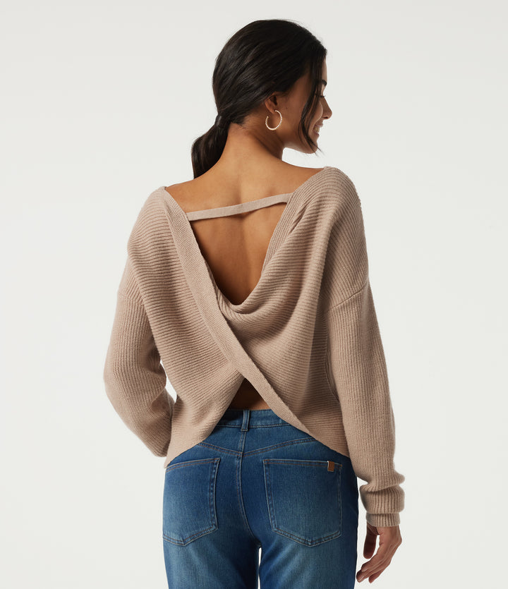 Boat Neck Long Sleeve Cut Out Back Casual Jumper — Nougat — view 1