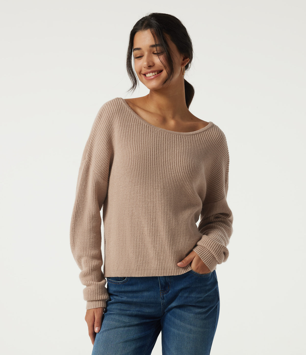 Boat Neck Long Sleeve Cut Out Back Casual Jumper — Nougat — view 2