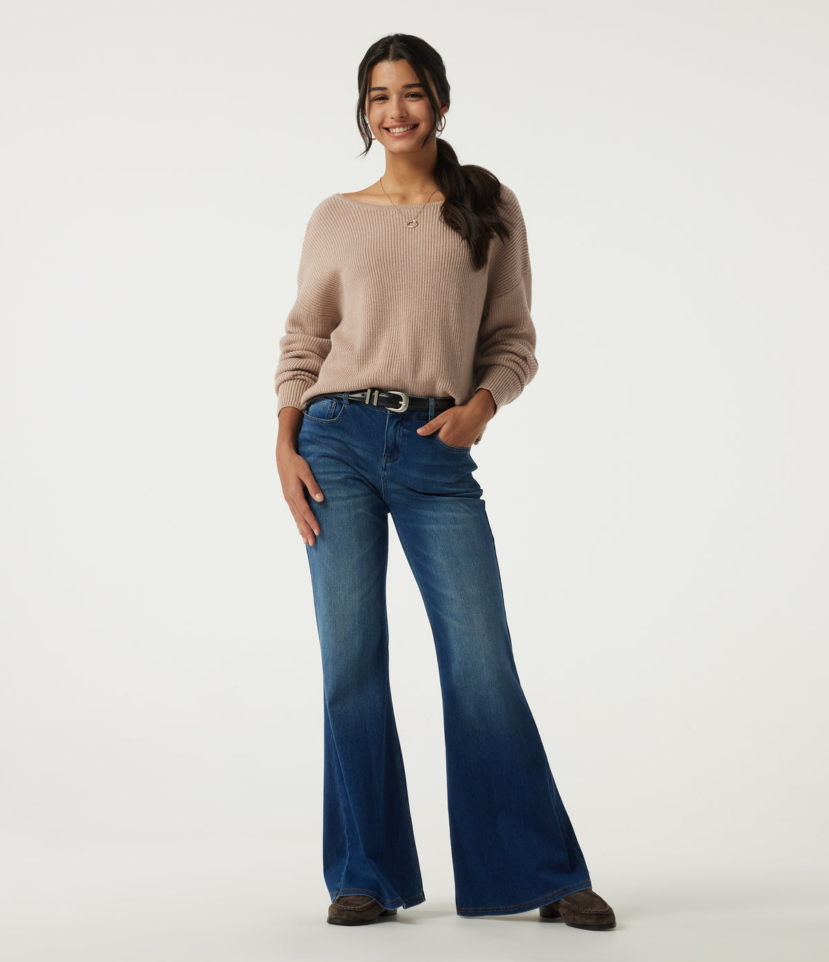 Boat Neck Long Sleeve Cut Out Back Casual Jumper — Nougat — view 7