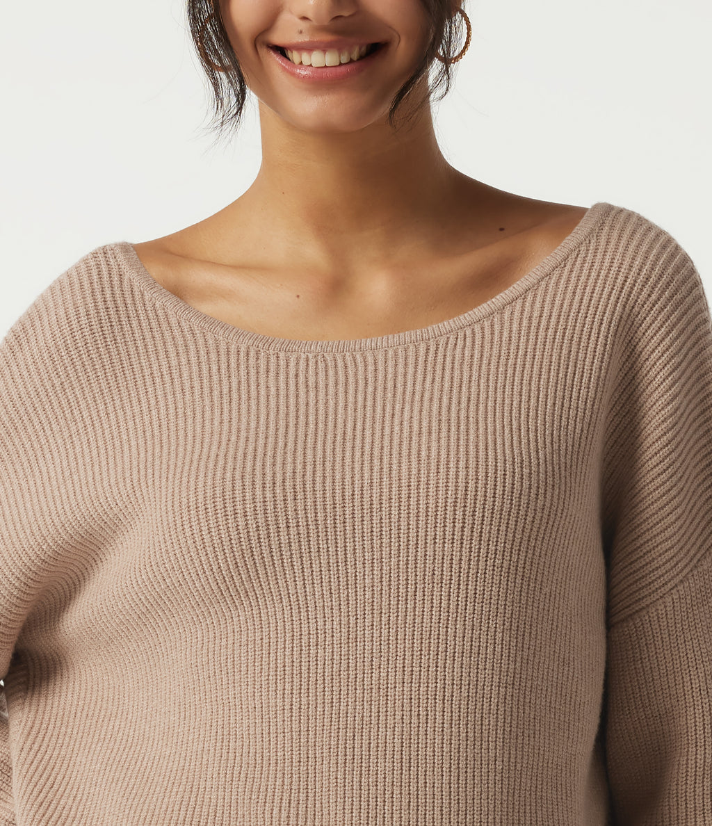 Boat Neck Long Sleeve Cut Out Back Casual Jumper — Nougat — view 5
