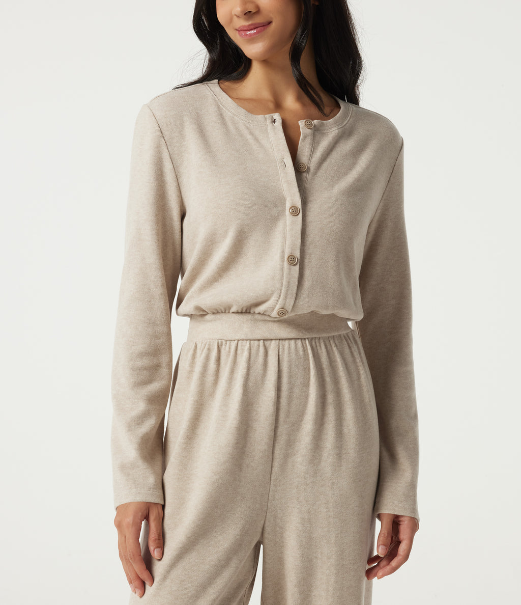 Round Neck Long Sleeve Casual Jumpsuit with Pockets -Edition — Oatmeal Khaki — view 5