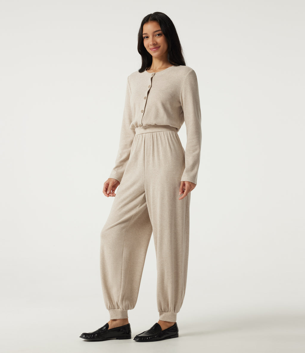 Round Neck Long Sleeve Casual Jumpsuit with Pockets -Edition — Oatmeal Khaki — view 3