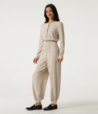 Round Neck Long Sleeve Casual Jumpsuit with Pockets -Edition — Oatmeal Khaki — view 3