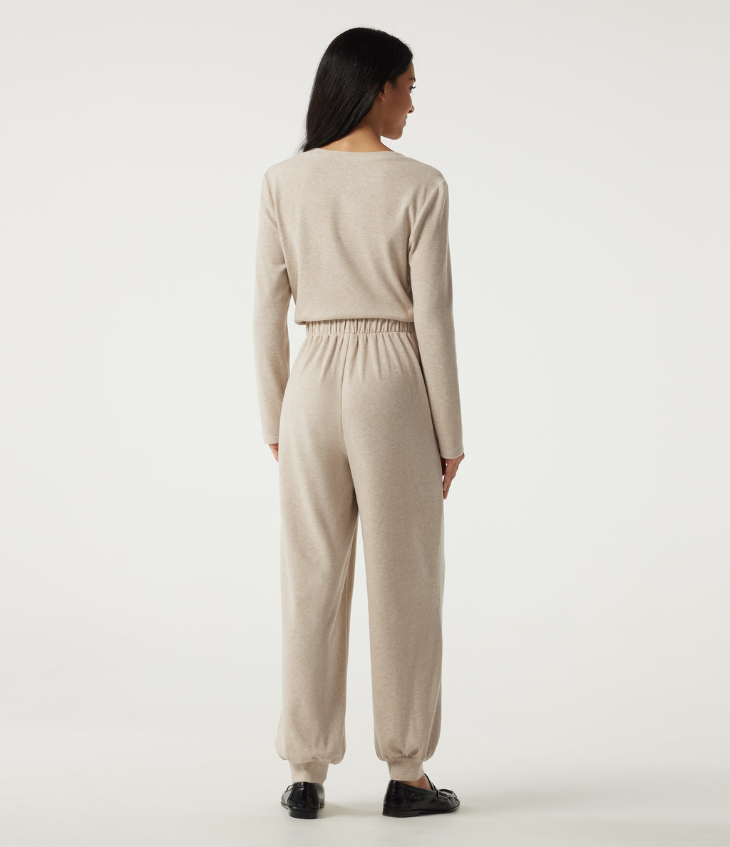 Round Neck Long Sleeve Casual Jumpsuit with Pockets -Edition — Oatmeal Khaki — view 4