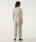 Round Neck Long Sleeve Casual Jumpsuit with Pockets -Edition — Oatmeal Khaki — view 4