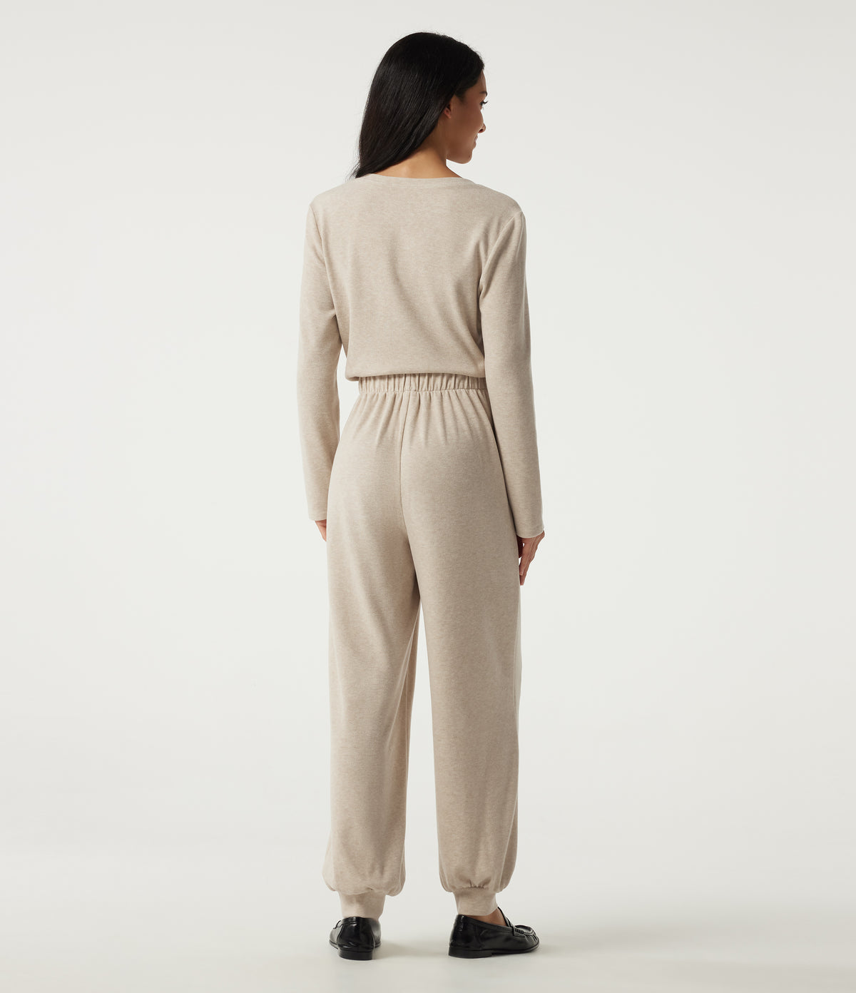 Round Neck Long Sleeve Casual Jumpsuit with Pockets -Edition — Oatmeal Khaki — view 4
