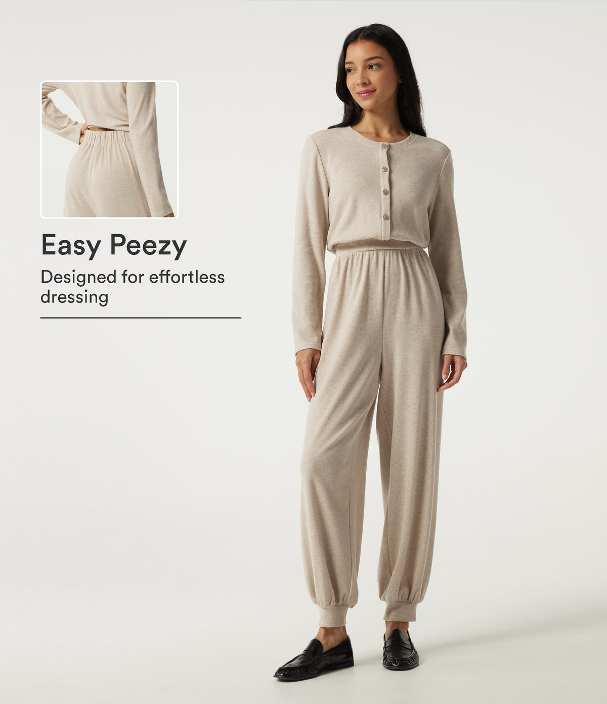 Round Neck Long Sleeve Casual Jumpsuit with Pockets -Edition — Oatmeal Khaki — view 1
