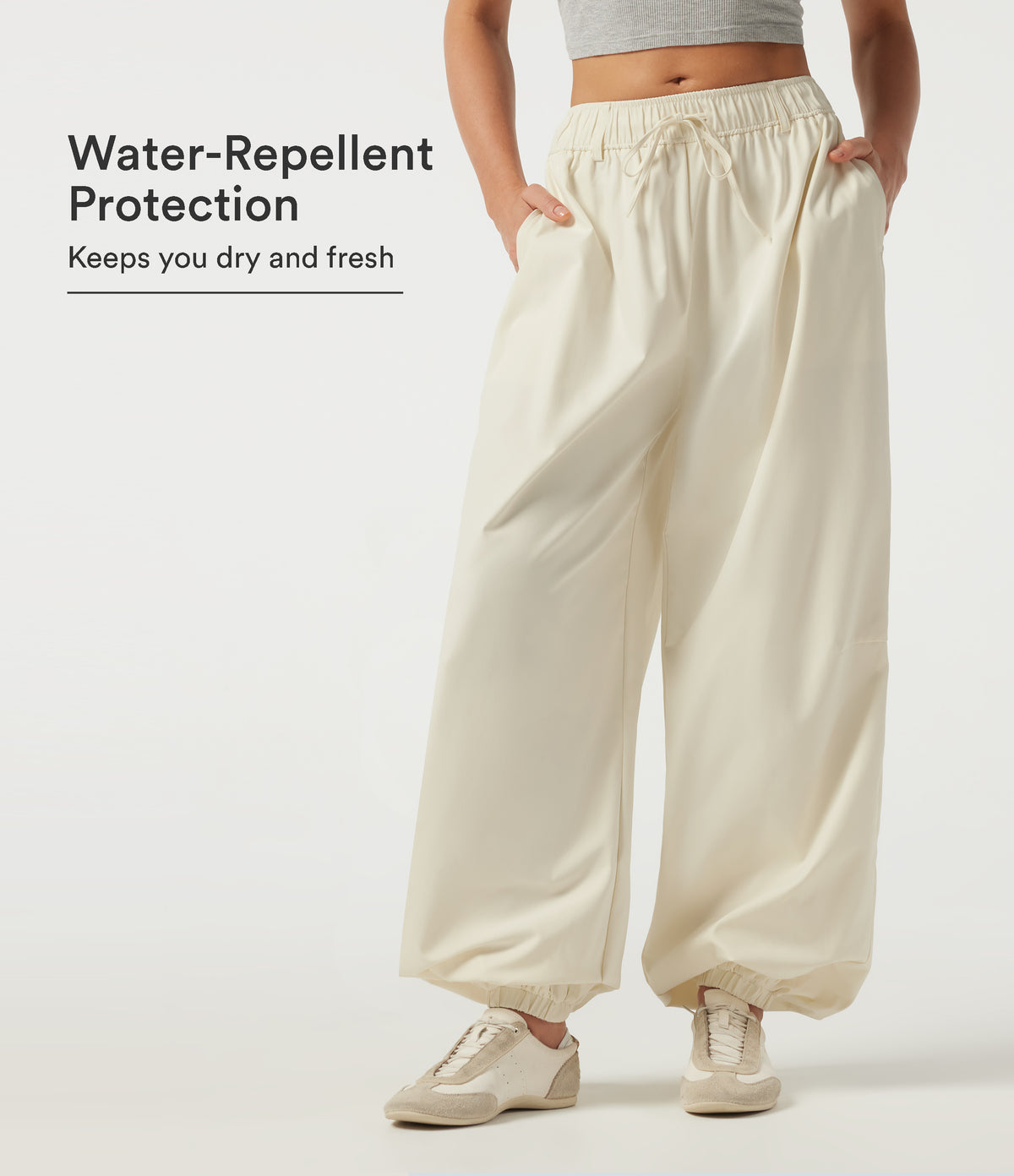 Water Repellent Wear-Resistant Low Rise Drawstring Casual Joggers with Pockets — Oak White — view 1