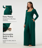 Square Neck Long Sleeve Built-in Bra Wide Leg Casual Jumpsuit with Pockets-Edition — Rain Forest — view 1