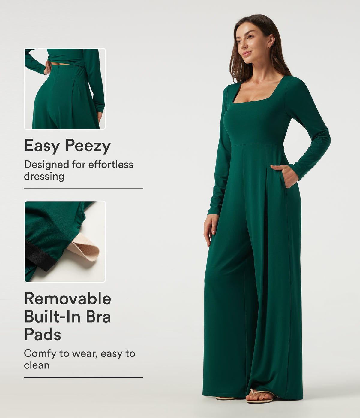 Square Neck Long Sleeve Built-in Bra Wide Leg Casual Jumpsuit with Pockets-Edition — Rain Forest — view 1