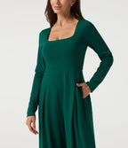 Square Neck Long Sleeve Built-in Bra Wide Leg Casual Jumpsuit with Pockets-Edition — Rain Forest — view 4