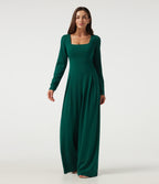 Square Neck Long Sleeve Built-in Bra Wide Leg Casual Jumpsuit with Pockets-Edition — Rain Forest — view 3