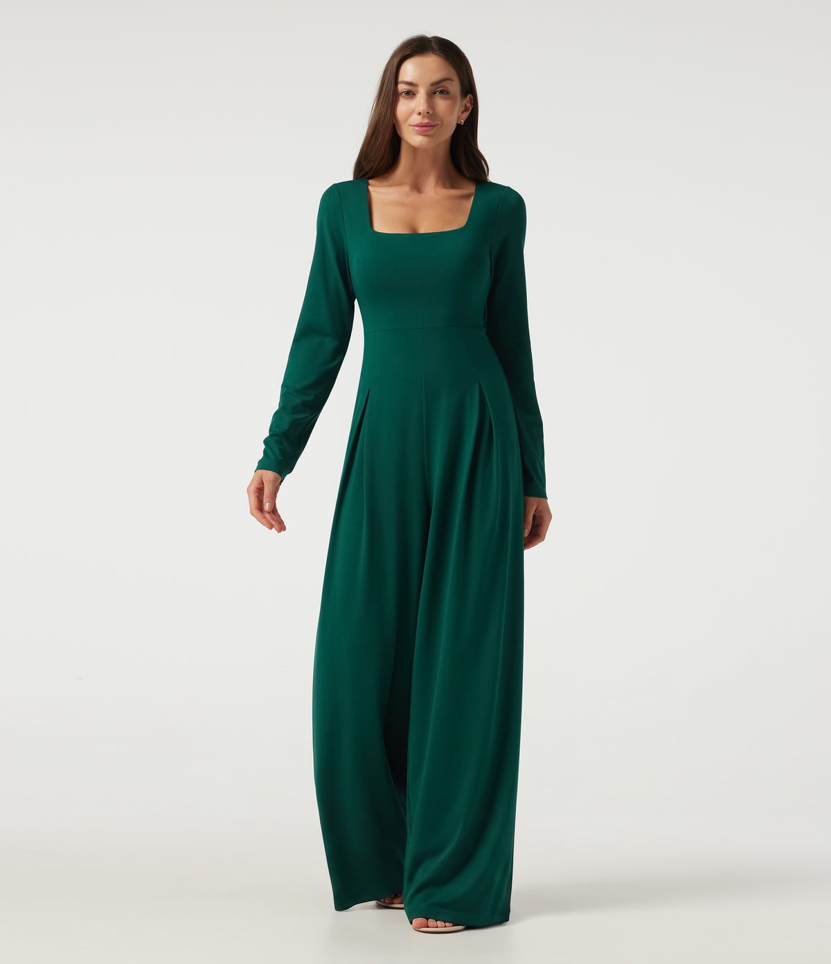 Square Neck Long Sleeve Built-in Bra Wide Leg Casual Jumpsuit with Pockets-Edition — Rain Forest — view 3