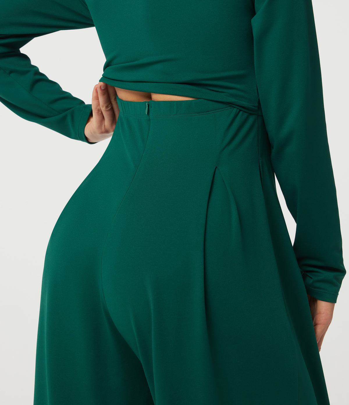 Square Neck Long Sleeve Built-in Bra Wide Leg Casual Jumpsuit with Pockets-Edition — Rain Forest — view 5