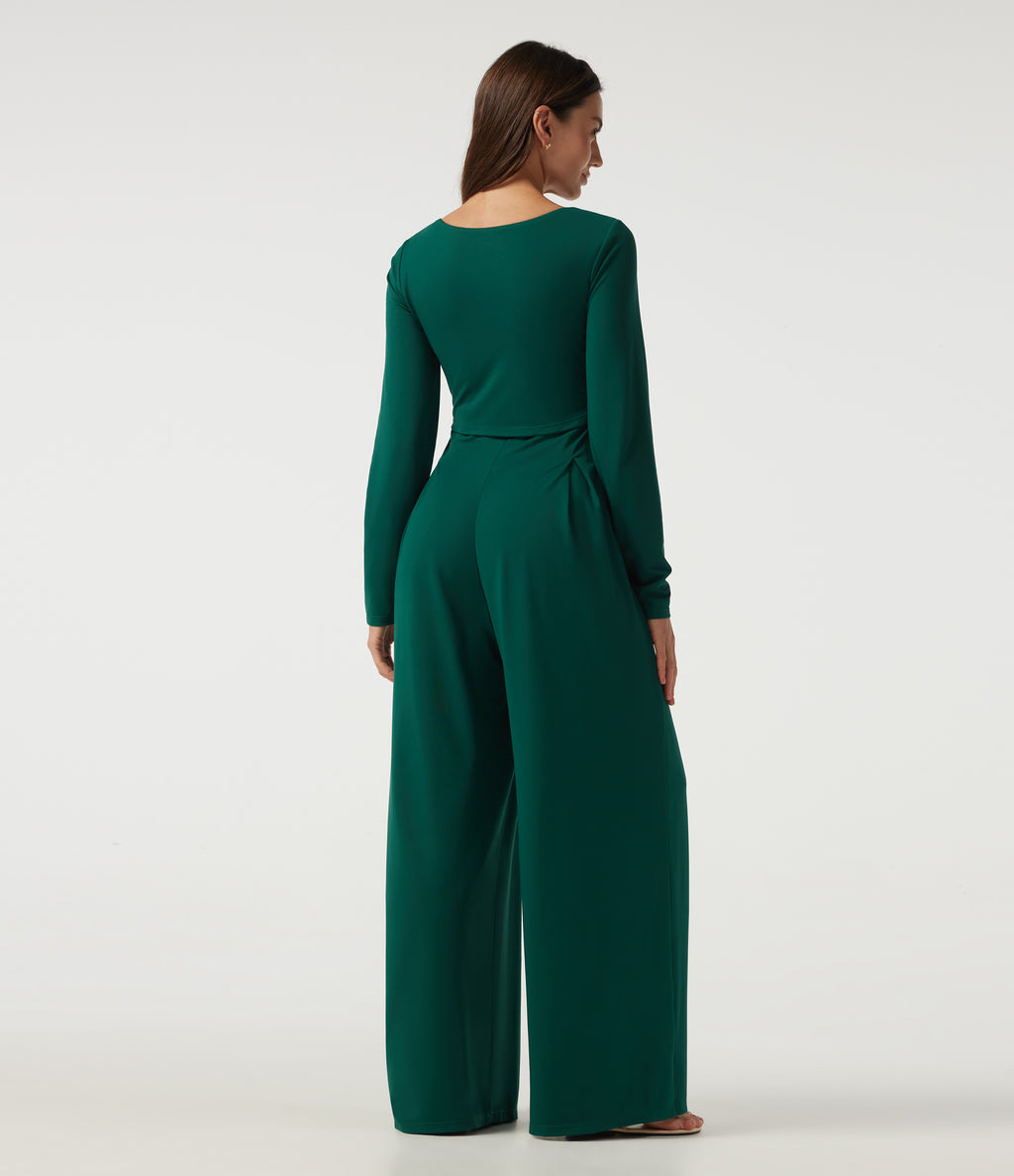 Square Neck Long Sleeve Built-in Bra Wide Leg Casual Jumpsuit with Pockets-Edition — Rain Forest — view 2