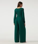 Square Neck Long Sleeve Built-in Bra Wide Leg Casual Jumpsuit with Pockets-Edition — Rain Forest — view 2