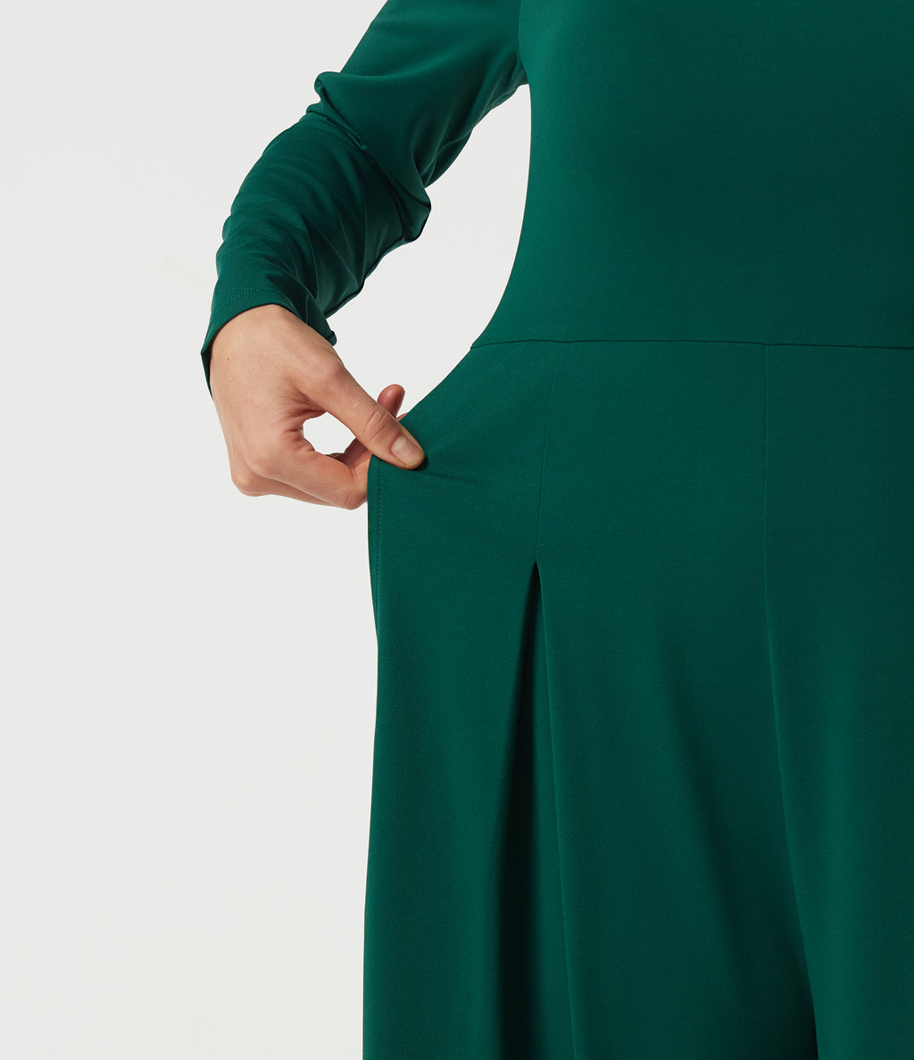 Square Neck Long Sleeve Built-in Bra Wide Leg Casual Jumpsuit with Pockets-Edition — Rain Forest — view 6
