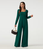 Square Neck Long Sleeve Built-in Bra Wide Leg Casual Jumpsuit with Pockets-Edition — Rain Forest — view 7